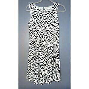 LOFT Dress Womens Medium Petite Black White Dalmation Polka Dot Fit Flare Midi